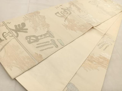 平和屋着物◎西陣　六通柄袋帯　風景文字文　金銀糸　正絹　逸品　BAAU9423yc