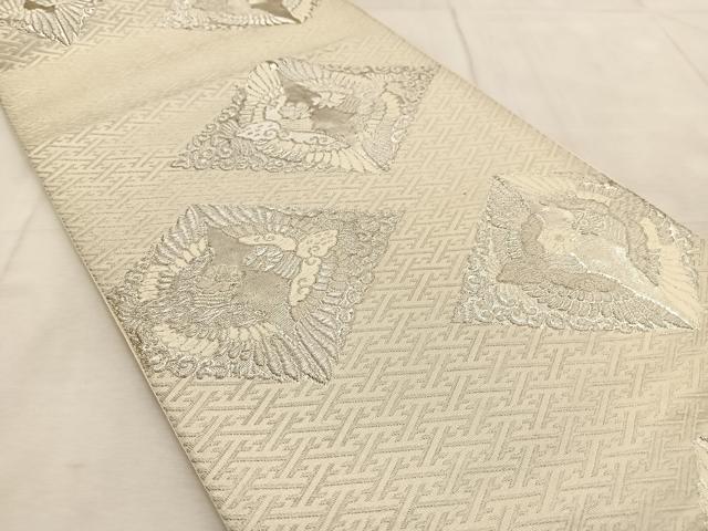 平和屋着物◎六通柄袋帯　唐織　向かい鳥菱文　紫明　銀糸　正絹　逸品　BAAU9424yc