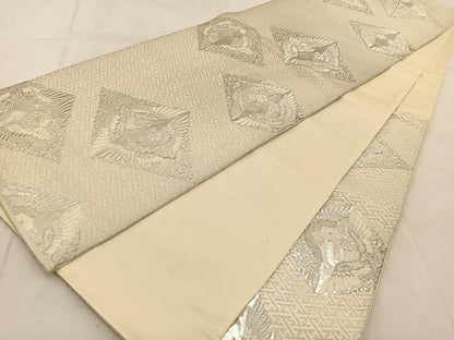 平和屋着物◎六通柄袋帯　唐織　向かい鳥菱文　紫明　銀糸　正絹　逸品　BAAU9424yc
