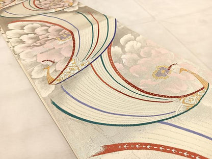 平和屋着物◎六通柄袋帯　唐織　孔雀花文　金銀糸　正絹　逸品　BAAU9426yc