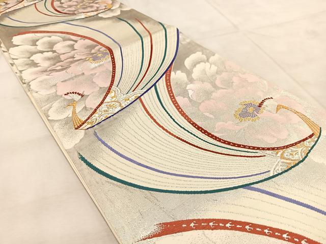 平和屋着物◎六通柄袋帯　唐織　孔雀花文　金銀糸　正絹　逸品　BAAU9426yc