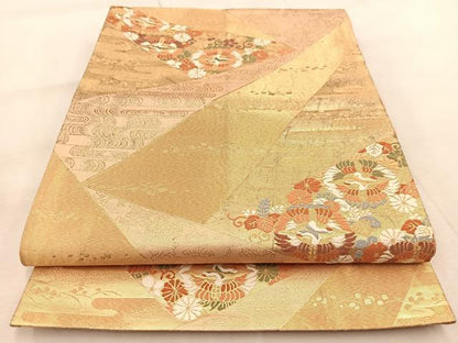平和屋着物◎六通柄袋帯　唐織　双鶴花文　金糸　正絹　逸品　BAAU9431yc