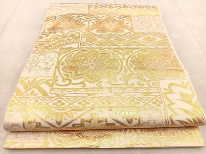 平和屋着物◎六通柄袋帯　幾何学花文　金糸　正絹　逸品　BAAU9440yc