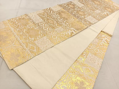 平和屋着物◎六通柄袋帯　幾何学花文　金糸　正絹　逸品　BAAU9440yc