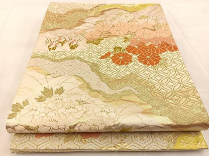 平和屋着物◎六通柄袋帯　唐織　道長吉祥花文　金糸　正絹　逸品　BAAU9447yc
