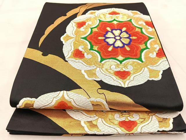 平和屋着物◎六通柄袋帯　唐織　正倉院雪輪文　黒地　金糸　正絹　逸品　BAAU9456yc