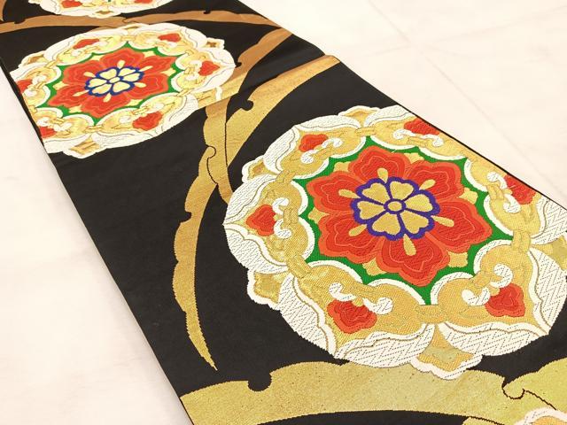 平和屋着物◎六通柄袋帯　唐織　正倉院雪輪文　黒地　金糸　正絹　逸品　BAAU9456yc