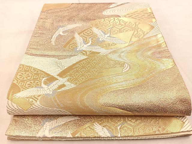 平和屋着物◎六通柄袋帯　唐織　飛鶴地紙吉祥文　金銀糸　正絹　逸品　BAAU9458yc