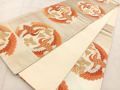 平和屋着物◎六通柄袋帯　唐織　双鶴文　金銀糸　正絹　逸品　BAAU9489yc