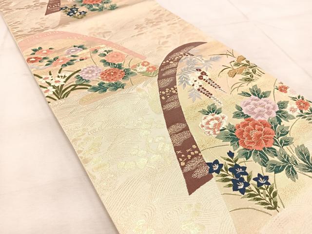 平和屋着物◎六通柄袋帯　唐織　重ね山風景花文　金糸　正絹　逸品　BAAU9513yc