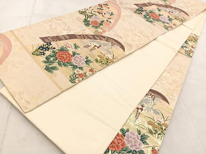 平和屋着物◎六通柄袋帯　唐織　重ね山風景花文　金糸　正絹　逸品　BAAU9513yc