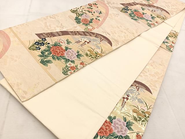 平和屋着物◎六通柄袋帯　唐織　重ね山風景花文　金糸　正絹　逸品　BAAU9513yc