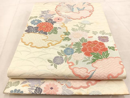 平和屋着物◎六通柄袋帯　唐織　雪輪花文　銀糸　正絹　逸品　BAAU9520yc