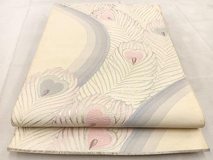 平和屋着物◎六通柄袋帯　唐織　孔雀羽文　銀糸　正絹　逸品　BAAU9537yc