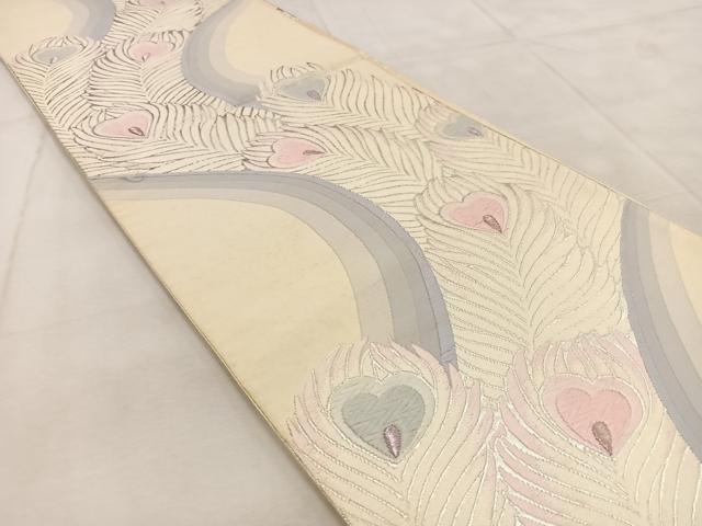 平和屋着物◎六通柄袋帯　唐織　孔雀羽文　銀糸　正絹　逸品　BAAU9537yc