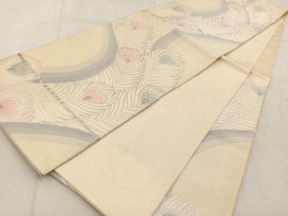 平和屋着物◎六通柄袋帯　唐織　孔雀羽文　銀糸　正絹　逸品　BAAU9537yc