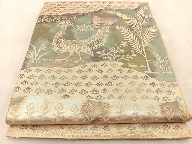 平和屋着物◎西陣　服部織物謹製　六通柄　本袋帯　孔雀風景花文　こはく錦　金銀糸　引箔　正絹　逸品　BAAU9539yc