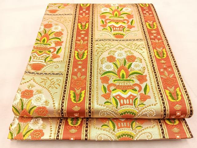 平和屋着物◎六通柄袋帯　唐織　飾花文　金糸　正絹　逸品　BAAU9543yc