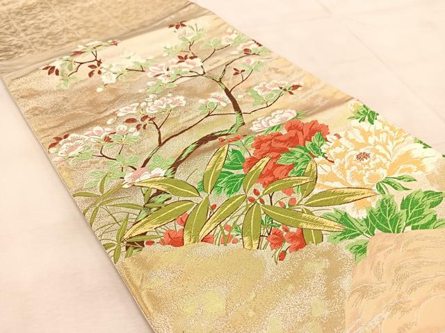 平和屋着物◎西陣　太鼓柄袋帯　唐織　春日牡丹図　金糸　正絹　逸品　BAAU9545yc