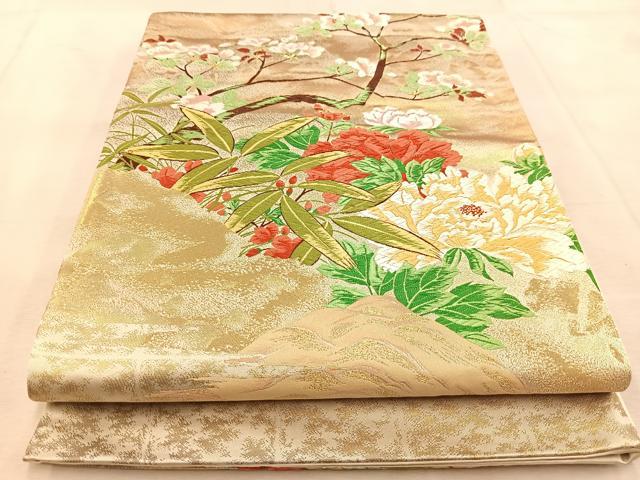 平和屋着物◎西陣　太鼓柄袋帯　唐織　春日牡丹図　金糸　正絹　逸品　BAAU9545yc