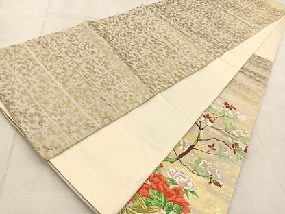 平和屋着物◎西陣　太鼓柄袋帯　唐織　春日牡丹図　金糸　正絹　逸品　BAAU9545yc