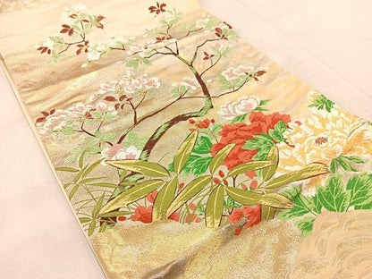 平和屋着物◎西陣　太鼓柄袋帯　唐織　春日牡丹図　金糸　正絹　逸品　BAAU9545yc