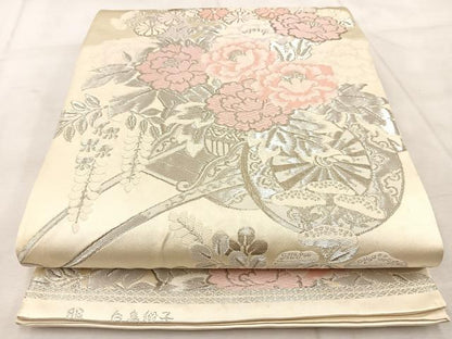平和屋着物◎西陣　服部織物謹製　六通柄袋帯　白鳥緞子　花車文　銀糸　正絹　逸品　BAAU9547yc