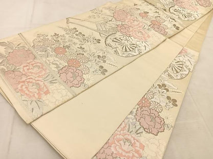 平和屋着物◎西陣　服部織物謹製　六通柄袋帯　白鳥緞子　花車文　銀糸　正絹　逸品　BAAU9547yc