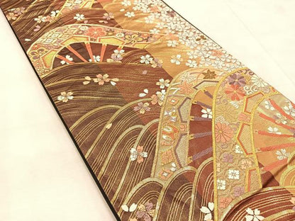 平和屋着物◎六通柄袋帯　唐織　吉祥片輪車花文　金銀糸　正絹　逸品　BAAU9555yc