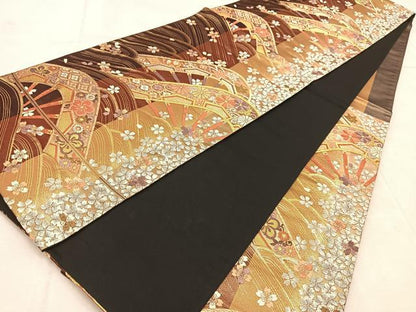 平和屋着物◎六通柄袋帯　唐織　吉祥片輪車花文　金銀糸　正絹　逸品　BAAU9555yc
