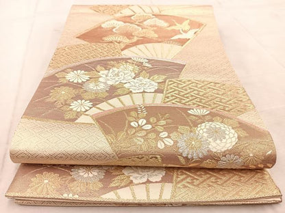 平和屋着物◎六通柄袋帯　唐織　扇面花鳥文　金銀糸　正絹　逸品　BAAU9617yc