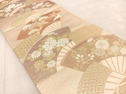 平和屋着物◎六通柄袋帯　唐織　扇面花鳥文　金銀糸　正絹　逸品　BAAU9617yc