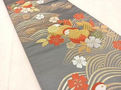 平和屋着物◎六通柄袋帯　唐織　立波花鳥文　金銀糸　正絹　逸品　BAAU9634yc