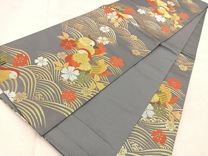 平和屋着物◎六通柄袋帯　唐織　立波花鳥文　金銀糸　正絹　逸品　BAAU9634yc