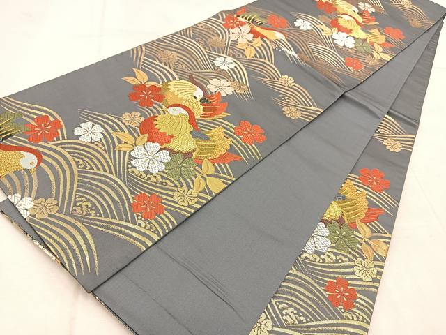 平和屋着物◎六通柄袋帯　唐織　立波花鳥文　金銀糸　正絹　逸品　BAAU9634yc