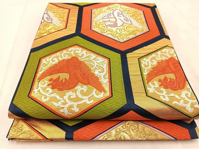 平和屋着物◎六通柄袋帯　唐織　鳳凰亀甲唐草文　金銀糸　正絹　逸品　BAAU9647yc