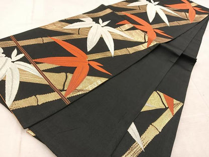 平和屋着物◎六通柄 京袋帯 笠竹文 黒地 金糸 BAAU9666yc