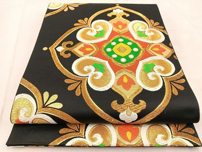 平和屋着物◎六通柄袋帯　唐織　正倉院花文　黒地　金糸　正絹　逸品　BAAU9690yc