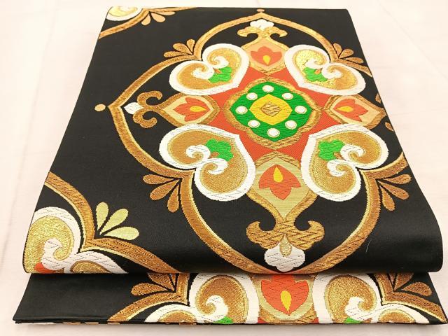 平和屋着物◎六通柄袋帯　唐織　正倉院花文　黒地　金糸　正絹　逸品　BAAU9690yc