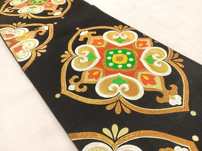 平和屋着物◎六通柄袋帯　唐織　正倉院花文　黒地　金糸　正絹　逸品　BAAU9690yc