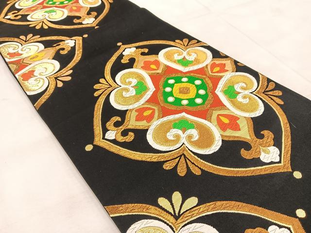 平和屋着物◎六通柄袋帯　唐織　正倉院花文　黒地　金糸　正絹　逸品　BAAU9690yc