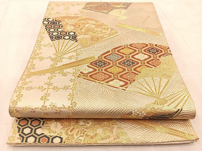 平和屋着物◎六通柄袋帯　唐織　扇宝尽くし花文　金糸　正絹　逸品　BAAU9703yc