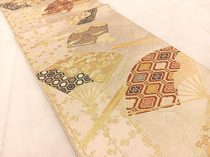 平和屋着物◎六通柄袋帯　唐織　扇宝尽くし花文　金糸　正絹　逸品　BAAU9703yc