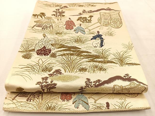 平和屋着物◎六通柄袋帯　唐織　平安人物文　金糸　正絹　逸品　BAAU9711yc