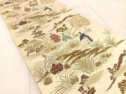 平和屋着物◎六通柄袋帯　唐織　平安人物文　金糸　正絹　逸品　BAAU9711yc