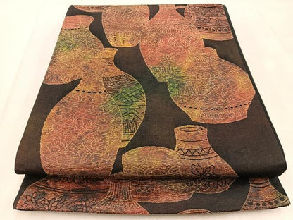 平和屋着物◎六通柄袋帯 陶器花鳥文 黒地 金糸 引箔 正絹 逸品 BAAU9725yc