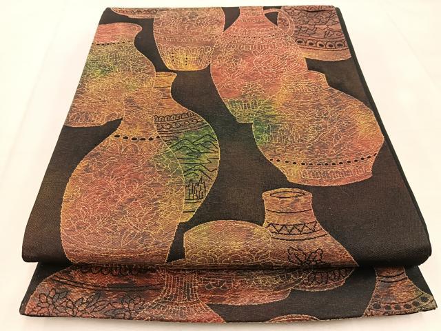 平和屋着物◎六通柄袋帯 陶器花鳥文 黒地 金糸 引箔 正絹 逸品 BAAU9725yc
