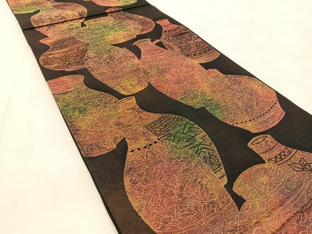 平和屋着物◎六通柄袋帯 陶器花鳥文 黒地 金糸 引箔 正絹 逸品 BAAU9725yc
