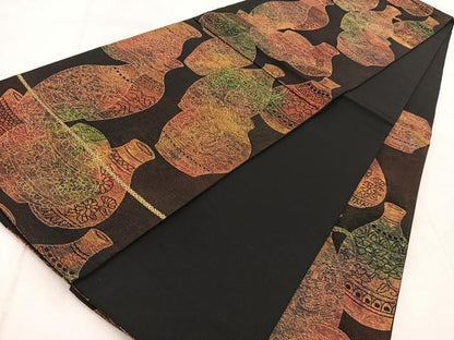 平和屋着物◎六通柄袋帯 陶器花鳥文 黒地 金糸 引箔 正絹 逸品 BAAU9725yc