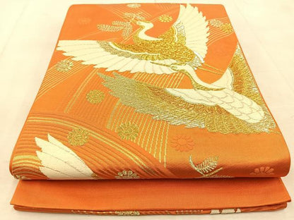 平和屋着物◎西陣　六通柄袋帯　唐織　立波飛鶴花文　金糸　正絹　逸品　BAAU9732yc